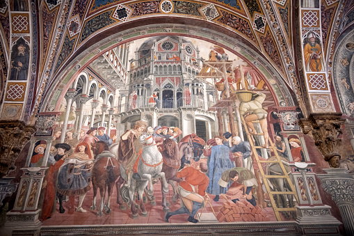 Siena, Italy - May 14, 2018. Fresco inside the ancient hospital of Santa Mario Della Scala in Siena, Italy.