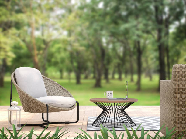 istock Outdoor terrace with blurry nature view blackground 3d render 1221919741
