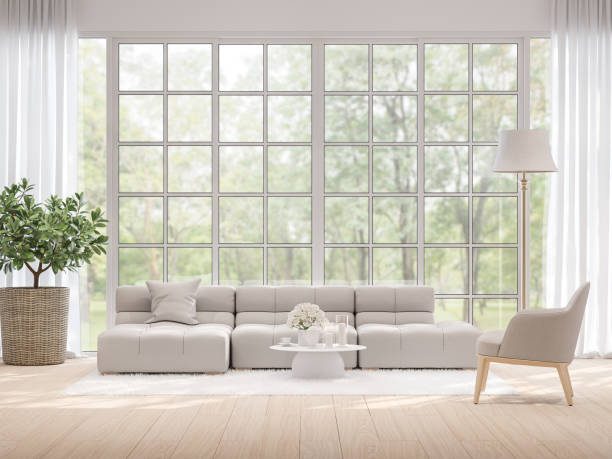 istock Moderm living room with blurry nature view background 3d render 1221919927