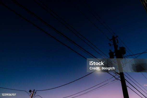 Dark Miami Wynwood Night Sky With Silhouette Of Telephone Pole With Wires Stock Photo - Download Image Now
