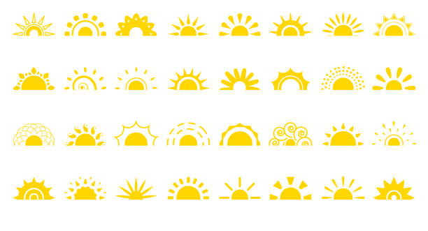 Sun flat icon logo sunrise summer web vector set Set of sun flat cartoon icon. Simple decorative elements for logotype sunrise, sunset. Graphic symbol different shapes, half sun with rays for design app weather. Isolated on white vector illustration half full illustrations stock illustrations