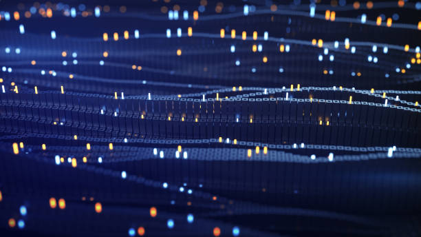 istock Blue cubic matrix of big data flow 3D rendering illustration 1221928593