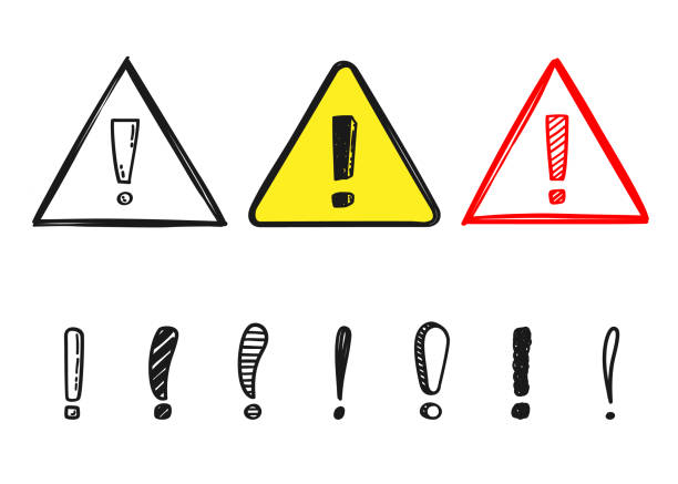 ilustrações, clipart, desenhos animados e ícones de conjunto de sinais desenhados à mão de aviso com ponto de exclamação, estilo doodle, isolado em fundo branco, ilustração vetorial - risk symbol safety sign