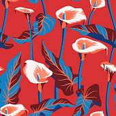 Vector floral seamless pattern with exotic calla flowers. Anthurium or flamingo flowers. Hawaiian, jungle plant pattern. Summer floral elements. Botanical illustration for textile, fabric and wrapping