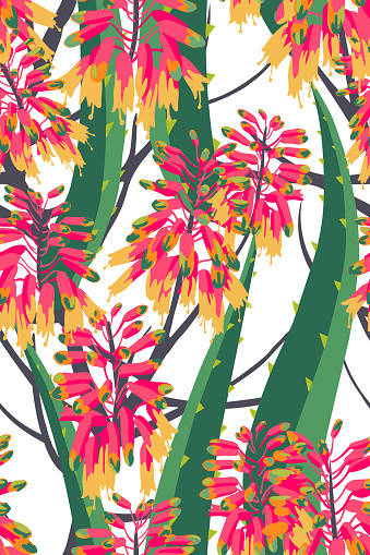 Floral composition. Vector seamless pattern with aloe flowers. Botanical background.