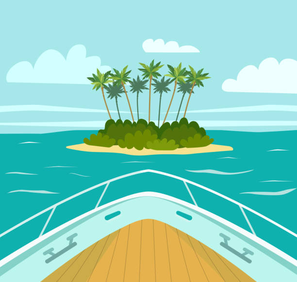 ilustraciones, imágenes clip art, dibujos animados e iconos de stock de el barco se acerca a una isla tropical en el mar. vista desde la proa del barco. ilustración de estilo plano vectorial. - proa