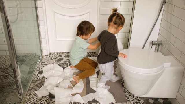 Kids playing with toilet paper at home