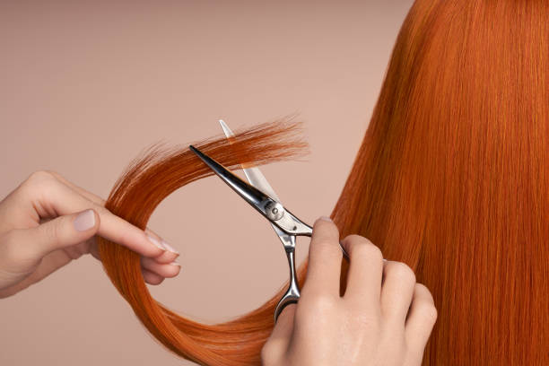 cabeleireiro corta cabelos longos e ruivos com tesoura - long red hair - fotografias e filmes do acervo
