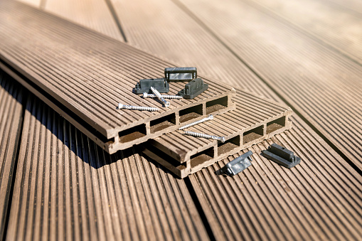 WPC terrace - wood plastic composite material decking boards and fixings