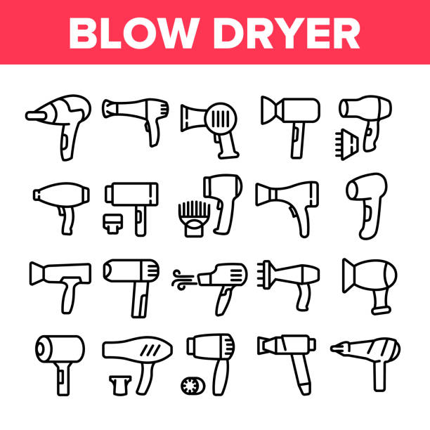 illustrazioni stock, clip art, cartoni animati e icone di tendenza di blow dryer device collection icons set vector - asciugatrice