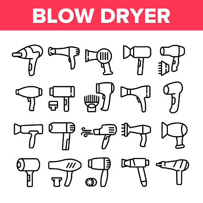 Blow Dryer Device Collection Icons Set Vector. Hair Dryer With Different Nozzles Electronic Equipment, Hairdresser Blower Tool Concept Linear Pictograms. Monochrome Contour Illustrations