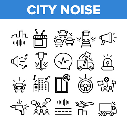 City Noise And Sounds Collection Icons Set Vector. Rattle Of Train Wheels And Car Signal City Traffic, Drill And Jackhammer, Plane And Truck Concept Linear Pictograms. Monochrome Contour Illustrations