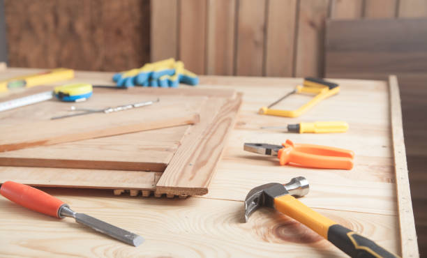 istock Carpenter's tools on the wooden desk. 1221951415
