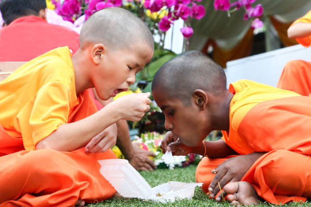 Wesak Day Two little monks are sharing a pack of food during Wesak Day Celebration in Kuala Lumpur, Malaysia. vesak day stock pictures, royalty-free photos & images