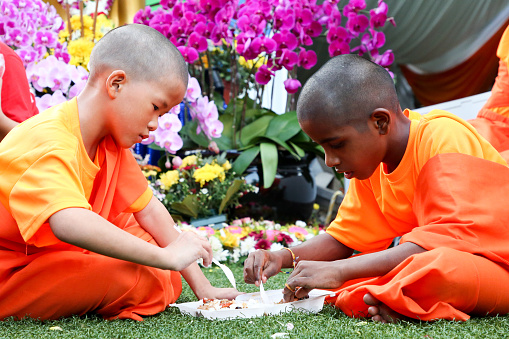 Two little monks are sharing a pack of food during Wesak Day Celebration in Kuala Lumpur, Malaysia.