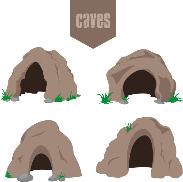 Cave entrances Simple cave entrance icons set with some grass mountain clipart stock illustrations