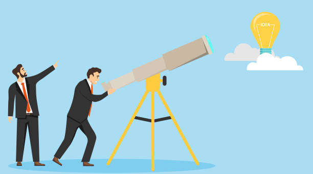 istock In search of an idea. Men in business suits are looking through a telescope. New idea. Vector illustration. Vector. 1221953811