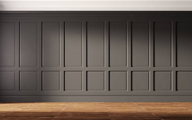 istock Interior with black walls and old wooden floor. 1221954800