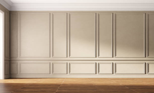 istock Classic empty room with old wooden floor and beige walls. 1221954832