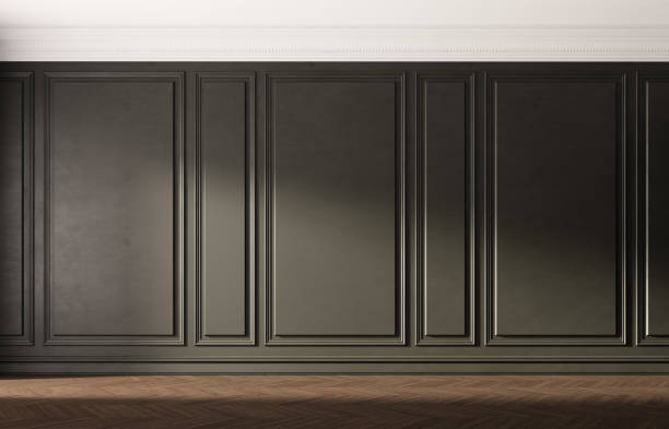 istock Black empty room with old wooden floor. Classic interior design. 1221954931