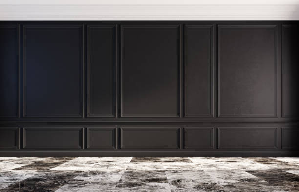 istock Classic luxury empty room with marble floor and black walls. 1221954948