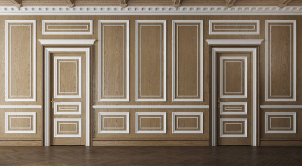istock Classic luxury empty room with wooden boiserie on the wall. 1221955095
