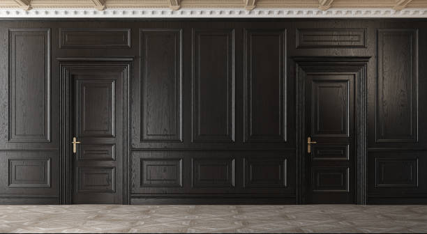 istock Classic empty room with parquet and black walls. 1221955236
