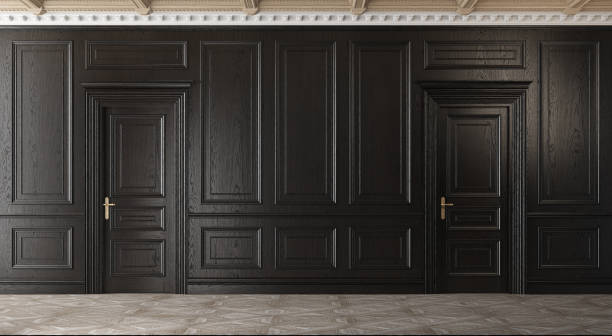 Classic empty room with parquet and black walls. Classic empty room with parquet and black walls. 3d illustration moulding door jamb wood stock pictures, royalty-free photos & images