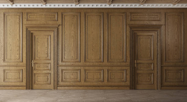 istock Classic luxury empty room with wooden boiserie on the wall. 1221955237
