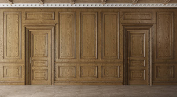 Classic luxury empty room with wooden boiserie on the wall. Classic luxury empty room with wooden boiserie on the wall. Oak wall panels, premium cabinet style. 3d illustration moulding door jamb wood stock pictures, royalty-free photos & images