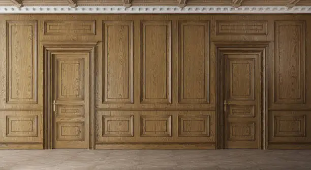 Photo of Classic luxury empty room with wooden boiserie on the wall.