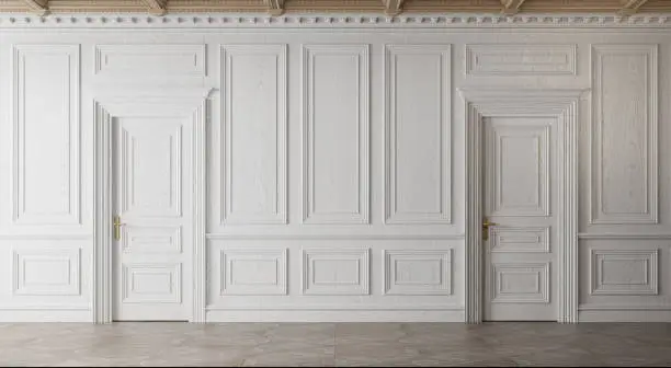 Photo of White empty room. Classic interior design.