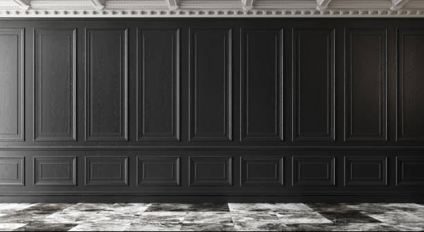 Classic luxury empty room with marble floor and black walls.
