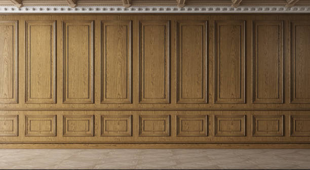 Classic luxury empty room with wooden boiserie on the wall. Classic luxury empty room with wooden boiserie on the wall. Oak wall panels, premium cabinet style. 3d illustration wood paneling retro stock pictures, royalty-free photos & images