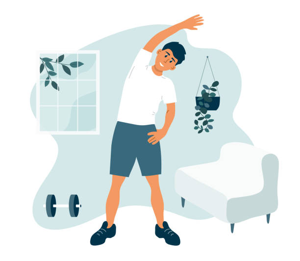 Stay at home concept, physical activity and healthy lifestyle Stay home, keep fit and positive. Man doing side bends, stretching. Sport exercise, fitness workout. Physical activity, healthy lifestyle concept. Quarantine lockdown. Gym at home vector illustration. gymnastics stretches stock illustrations
