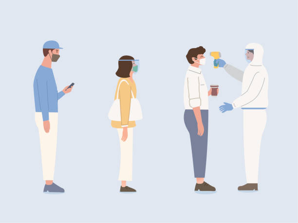 Peoples with face mask and face shield stand in line for waiting body temperature check from Staff by Infrared Thermometer. Peoples with face mask and face shield stand in line for waiting body temperature check from Staff by Infrared Thermometer. Illustration about protection about virus spreading. forehead-thermometer stock illustrations