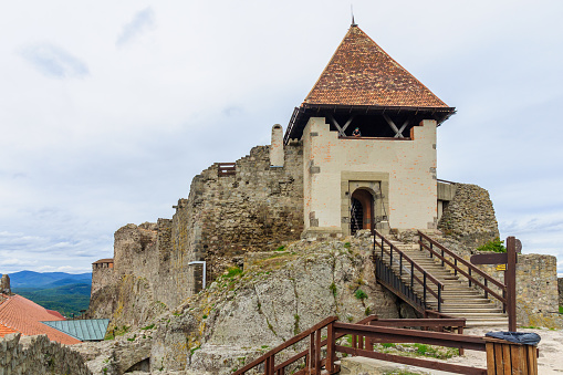 Visegrad, Hungary - September 18, 2013: View of the citadel or lower castle, with a visitor, in Visegrad, Hungary