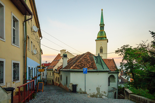 View of the alleys in the old city with St. Martins Cathedral, in Bratislava, Slovakia