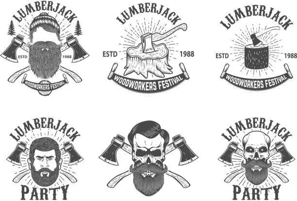 Vector illustration of Set of lumberjack festival emblems. Lumberjack skull with crossed axes. Design element for poster, card, banner, emblem, sign, badge. Vector illustration