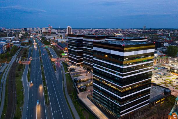 istock Drone aerial view on office buildings in Katowice. 1221962229
