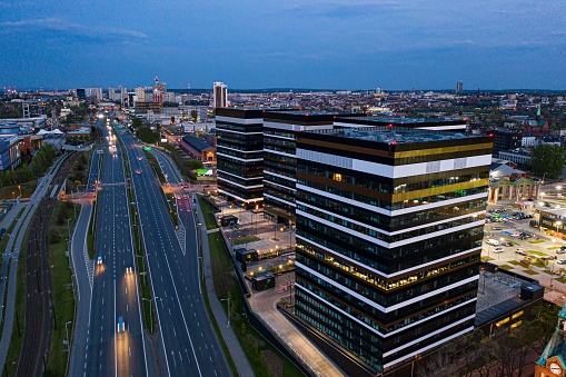 Drone aerial view on office buildings in Katowice. Katowice, Silesia, Poland