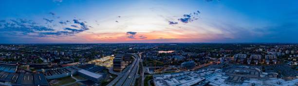 istock Panoramic aerial drone photo of Katowice at evening 1221962921