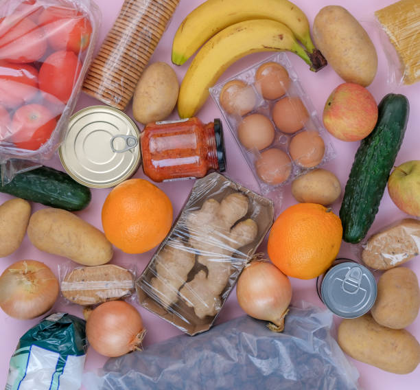 istock Top view on grocery set with fruit, vegetables, pasta. 1221964106