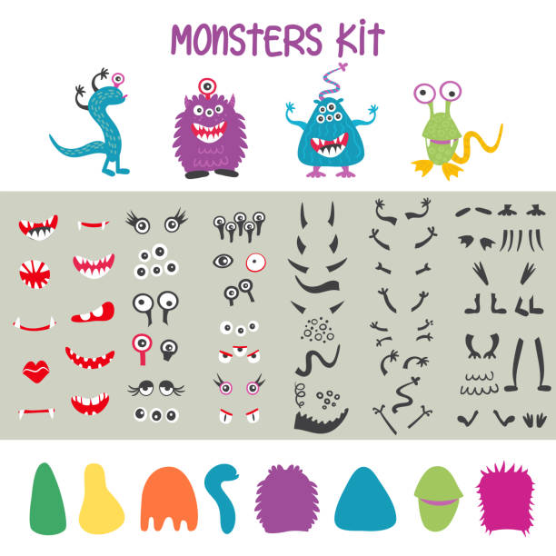 machen sie ein monster-ikonen-set, mit fremden augen, mündern, ohren und hörnern, flügeln und handkörperteilen. vektor-illustration - monster stock-grafiken, -clipart, -cartoons und -symbole