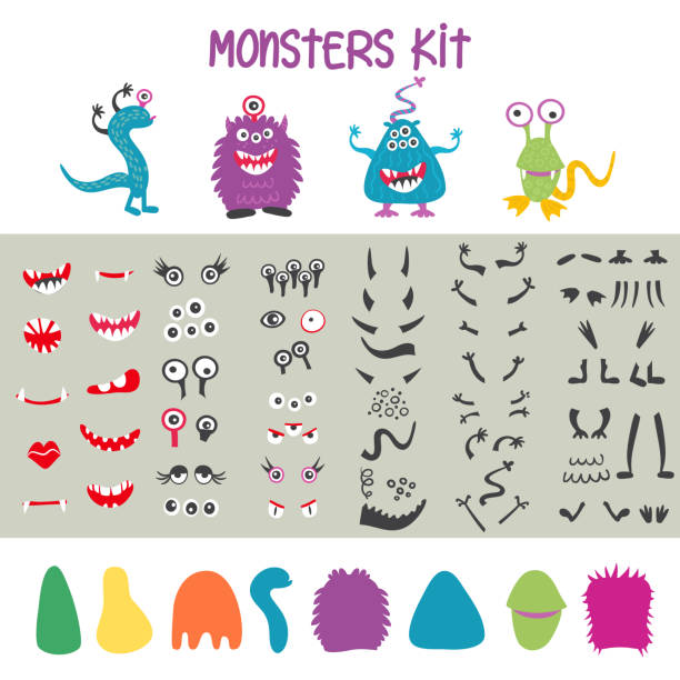 외계인의 눈, 입, 귀와 뿔, 날개와 손 신체 부위와 함께, 설정 괴물 아이콘을 확인합니다. 벡터 일러스트레이션 - monster stock illustrations