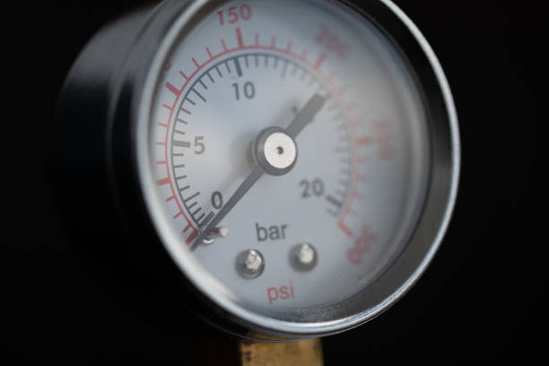 istock Round device for pressure measurement. Dial gauge. Pressure gauge at zero. 1221964215