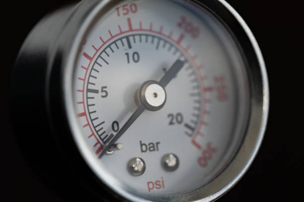 istock Round device for pressure measurement. Dial gauge. Pressure gauge at zero. 1221964251