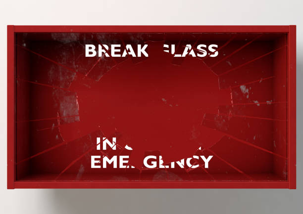 Break In Case Of Emergency Red Box An empty red emergency box with a shattering in case of emergency breakable glass on the front on an isolated background - 3D render emergency break glass box stock pictures, royalty-free photos & images