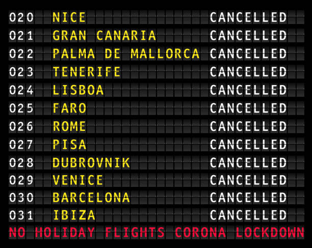 istock Flight information display showing cancelled holiday flights because of corona epidemic warning, vector 1221971795