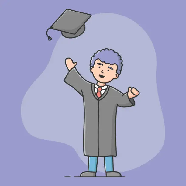 Vector illustration of End Of University Courses And Graduation Concept. Cheerful Student Celebrate Academic Trainings End. Man In Academic Dress Is Throwing Up Cap. Cartoon Linear Outline Flat Style. Vector Illustration